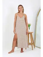 Çizgili Pamuklu Kadın Büyük Beden İp Askılı Uzun Gecelik Akbeniz 12109 Sütlü Kahve