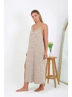 Çizgili Pamuklu Kadın Büyük Beden İp Askılı Uzun Gecelik Akbeniz 12109 Sütlü Kahve detay görünüm