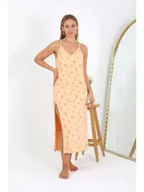 Akbeniz Palmiye Desenli Büyük Beden İp Askılı Uzun Gecelik Akbeniz 12110