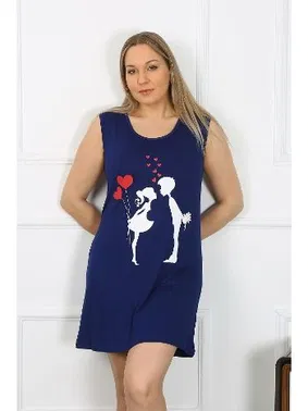 Akbeniz Kadın Büyük Beden Kalın Askılı Penye Diz Üstü Lacivert Gecelik Akbeniz 12501