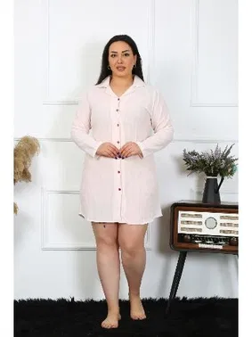 Akbeniz Keten Düğmeli Uzun Kol Kadın Büyük Beden Pembe Tunik Gecelik Akbeniz 12200