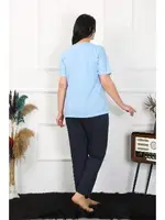 Mavi Çiçekli Büyük Beden Kadın Pijama Takımı Akbeniz 202402 Mavi detay görünüm