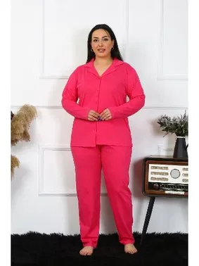 Akbeniz Uzun Kollu Büyük Beden Pamuklu Cepli Düğmeli Fuşya Pijama Takım Akbeniz 202401