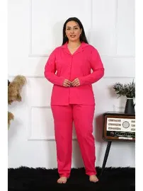 Akbeniz Uzun Kollu Büyük Beden Pamuklu Cepli Düğmeli Fuşya Pijama Takım Akbeniz 202401