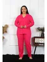 Uzun Kollu Büyük Beden Pamuklu Cepli Düğmeli Fuşya Pijama Takım Akbeniz 202401 Görsel
