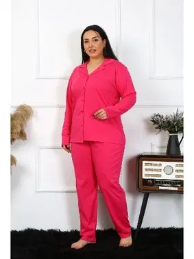 Akbeniz Uzun Kollu Büyük Beden Pamuklu Cepli Düğmeli Fuşya Pijama Takım Akbeniz 202401 - Alternatif Görünüm