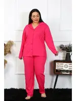 Uzun Kollu Büyük Beden Pamuklu Cepli Düğmeli Fuşya Pijama Takım Akbeniz 202401 Görsel farklı açı
