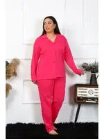 Uzun Kollu Büyük Beden Pamuklu Cepli Düğmeli Fuşya Pijama Takım Akbeniz 202401 Görsel görsel 6