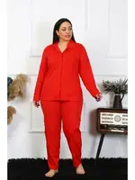 Büyük Beden Uzun Kollu Pamuklu Düğmeli Kırmızı Kadın Pijama Takım Akbeniz 202401