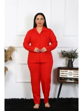 Akbeniz Büyük Beden Uzun Kollu Pamuklu Düğmeli Kırmızı Kadın Pijama Takım Akbeniz 202401 - Alternatif Görünüm