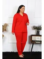 Büyük Beden Uzun Kollu Pamuklu Düğmeli Kırmızı Kadın Pijama Takım Akbeniz 202401 görsel 4