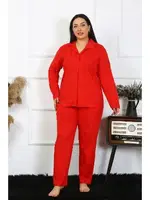 Büyük Beden Uzun Kollu Pamuklu Düğmeli Kırmızı Kadın Pijama Takım Akbeniz 202401 görsel 6