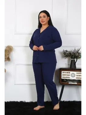 Akbeniz Lacivert Büyük Beden Pamuklu Gömlek Yaka Düğmeli Pijama Takım Akbeniz 202401