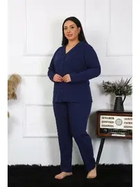 Akbeniz Lacivert Büyük Beden Pamuklu Gömlek Yaka Düğmeli Pijama Takım Akbeniz 202401
