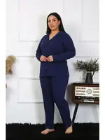 Lacivert Büyük Beden Pamuklu Gömlek Yaka Düğmeli Pijama Takım Akbeniz 202401 Lacivert