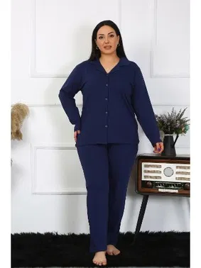 Akbeniz Lacivert Büyük Beden Pamuklu Gömlek Yaka Düğmeli Pijama Takım Akbeniz 202401 - Alternatif Görünüm