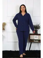 Lacivert Büyük Beden Pamuklu Gömlek Yaka Düğmeli Pijama Takım Akbeniz 202401 Lacivert detay görünüm