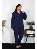 Lacivert Büyük Beden Pamuklu Gömlek Yaka Düğmeli Pijama Takım Akbeniz 202401 Lacivert farklı açı