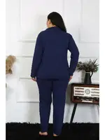 Lacivert Büyük Beden Pamuklu Gömlek Yaka Düğmeli Pijama Takım Akbeniz 202401 Lacivert görsel 4