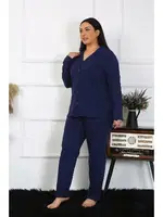 Lacivert Büyük Beden Pamuklu Gömlek Yaka Düğmeli Pijama Takım Akbeniz 202401 Lacivert görsel 5