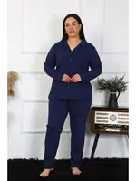 Lacivert Büyük Beden Pamuklu Gömlek Yaka Düğmeli Pijama Takım Akbeniz 202401 Lacivert görsel 6