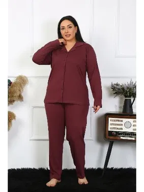 Akbeniz Düğmeli Büyük Beden Uzun Kollu Pamuklu Cepli Kadın Pijama Takım Akbeniz 202401