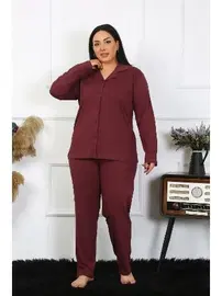 Akbeniz Düğmeli Büyük Beden Uzun Kollu Pamuklu Cepli Kadın Pijama Takım Akbeniz 202401