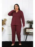 Düğmeli Büyük Beden Uzun Kollu Pamuklu Cepli Kadın Pijama Takım Akbeniz 202401 Mürdüm