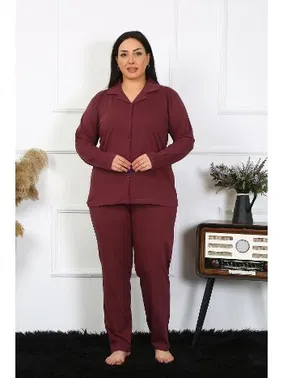 Akbeniz Düğmeli Büyük Beden Uzun Kollu Pamuklu Cepli Kadın Pijama Takım Akbeniz 202401 - Alternatif Görünüm
