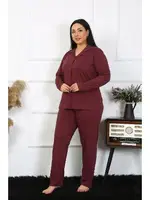 Düğmeli Büyük Beden Uzun Kollu Pamuklu Cepli Kadın Pijama Takım Akbeniz 202401 Mürdüm farklı açı