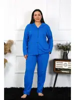 Pamuklu Büyük Beden Cepli Gömlek Yaka Kadın Pijama Takım Akbeniz 202401 Görsel