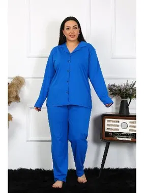 Akbeniz Pamuklu Büyük Beden Cepli Gömlek Yaka Kadın Pijama Takım Akbeniz 202401 - Alternatif Görünüm