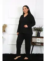 Gömlek Yaka Büyük Beden Düğmeli Pamuklu Cepli Siyah Pijama Takım Akbeniz 202401 farklı açı