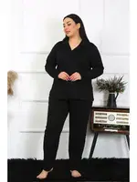 Gömlek Yaka Büyük Beden Düğmeli Pamuklu Cepli Siyah Pijama Takım Akbeniz 202401 görsel 4