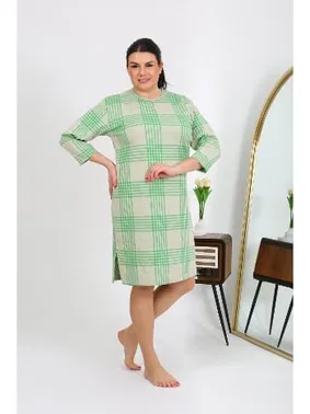 Akbeniz Çizgili Büyük Beden Penye Kadın Ev Elbisesi Yeşil Akbeniz 12508