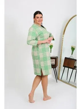 Akbeniz Çizgili Büyük Beden Penye Kadın Ev Elbisesi Yeşil Akbeniz 12508 - Alternatif Görünüm