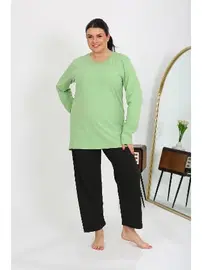 Akbeniz Uzun Kollu Kadın Büyük Beden Penye Pijama Takımı Fıstık Yeşili Akbeniz 202408