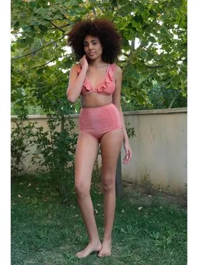 Akbeniz Fırfırlı Yüksek Bel Kiremit Alt Üst Bikini Takım Akbeniz 35010