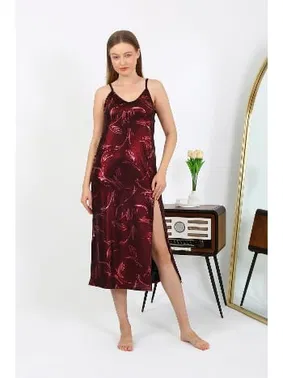 Akbeniz İp Askılı Uzun Parlak Micro Bordo Kadın Elbise Gecelik Akbeniz 7415