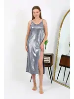 Parlak İp Askılı Uzun Micro Kadın Elbise Gecelik Akbeniz 7415 Gri