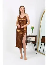 Akbeniz Kahverengi İp Askılı Uzun Parlak Micro Kadın Elbise Akbeniz 7415