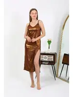 Kahverengi İp Askılı Uzun Parlak Micro Kadın Elbise Akbeniz 7415 Kahve