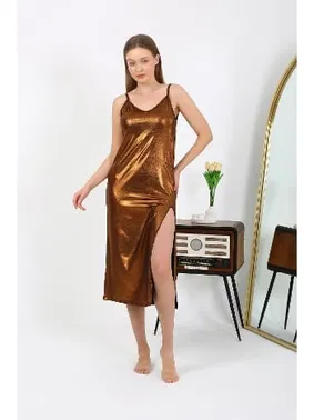 Akbeniz Kahverengi İp Askılı Uzun Parlak Micro Kadın Elbise Akbeniz 7415 - Alternatif Görünüm