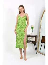 Akbeniz Desenli İp Askılı Uzun Parlak Micro Kadın Elbise Akbeniz 7415