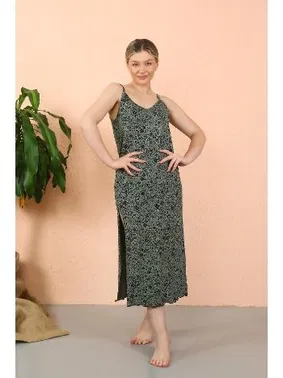 Akbeniz Kadın Haki Gecelik İp Askılı Yırtmaçlı Uzun Akbeniz 90120