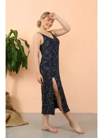 Akbeniz Penye Uzun İp Askılı Yırtmaçlı Lacivert Gecelik Akbeniz 90121