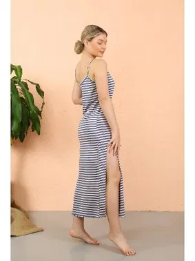 Akbeniz Kadın İp Askılı Yırtmaçlı Akbeniz Uzun Mavi Gecelik 90122 - Alternatif Görünüm