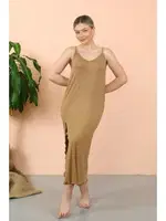 Uzun Sütlü Kahve Gecelik Kadın İp Askılı Yırtmaçlı Akbeniz 90119 Sütlü Kahve