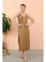 Uzun Sütlü Kahve Gecelik Kadın İp Askılı Yırtmaçlı Akbeniz 90119 Sütlü Kahve farklı açı