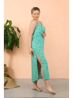 Akbeniz Desenli İp Askılı Yırtmaçlı Uzun Yeşil Gecelik Akbeniz 90118 - Alternatif Görünüm